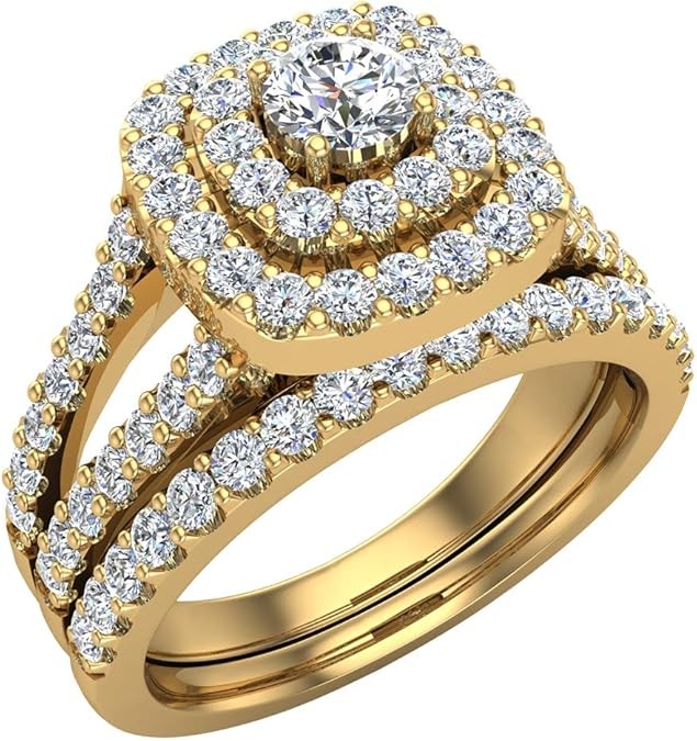 Cushion Shape Wedding Rings Set Diamond Bridal Sets Double Halo Style 1.10 ctw