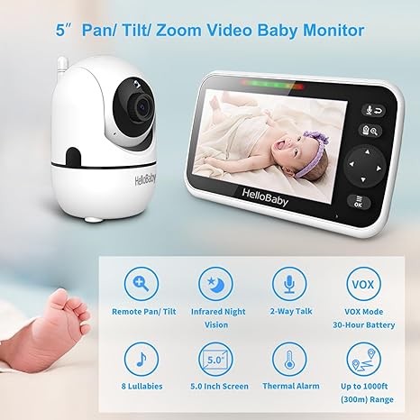 HelloBaby No WiFi Baby Monitor 5" Screen 30-Hour Battery Pan-Tilt-Zoom Video Upgrade with Camera and Audio, Night Vision,2-Way Talk, 8 Lullabies and  Range,